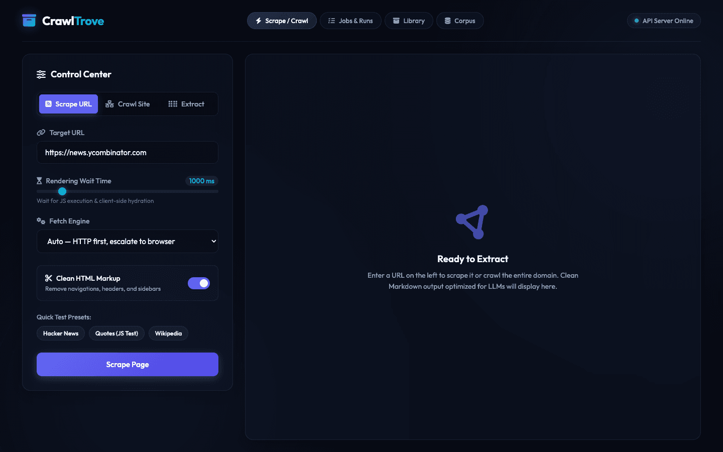 The CrawlTrove self-hosted scraping dashboard