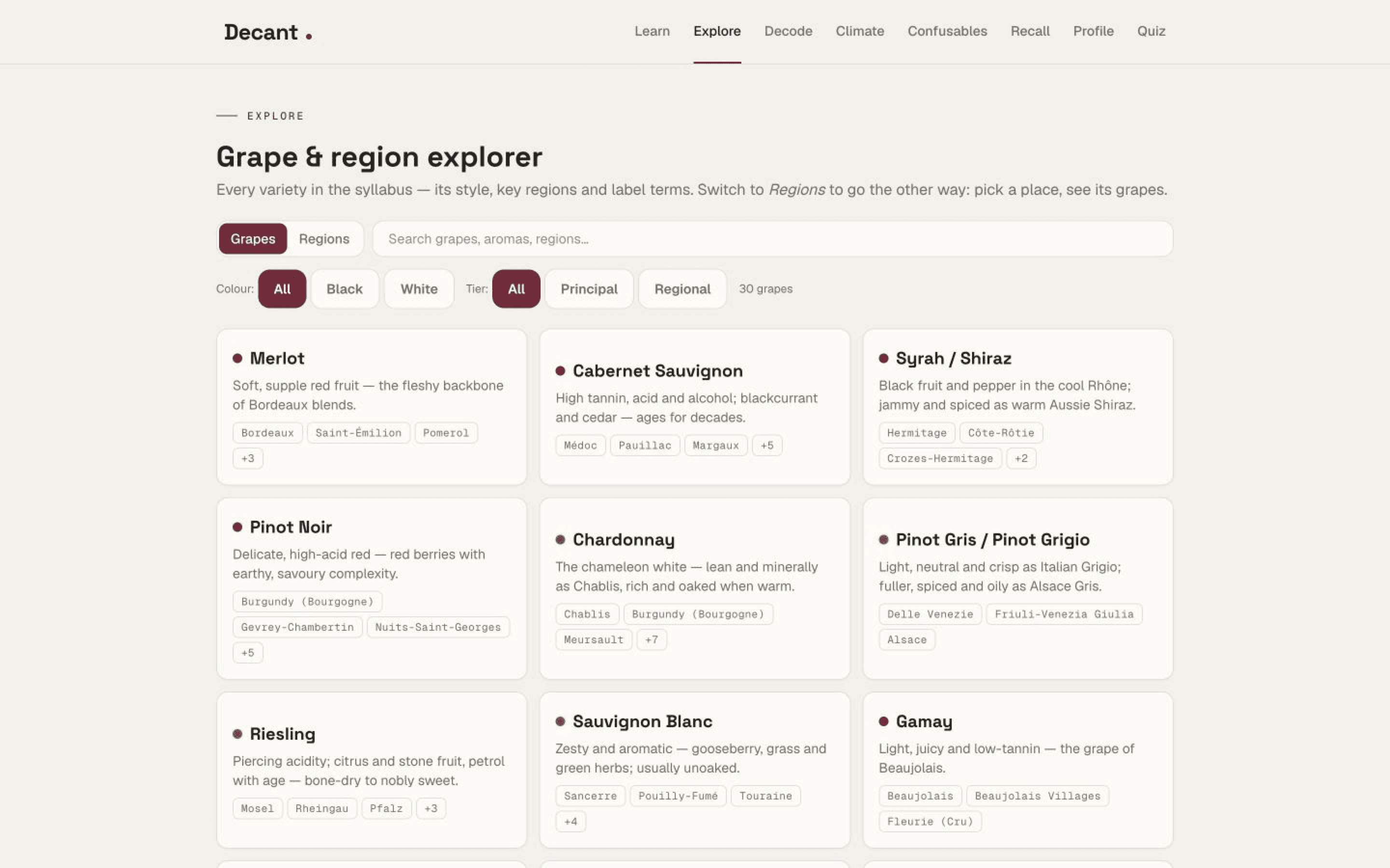 The live Decant grape and region explorer on desktop