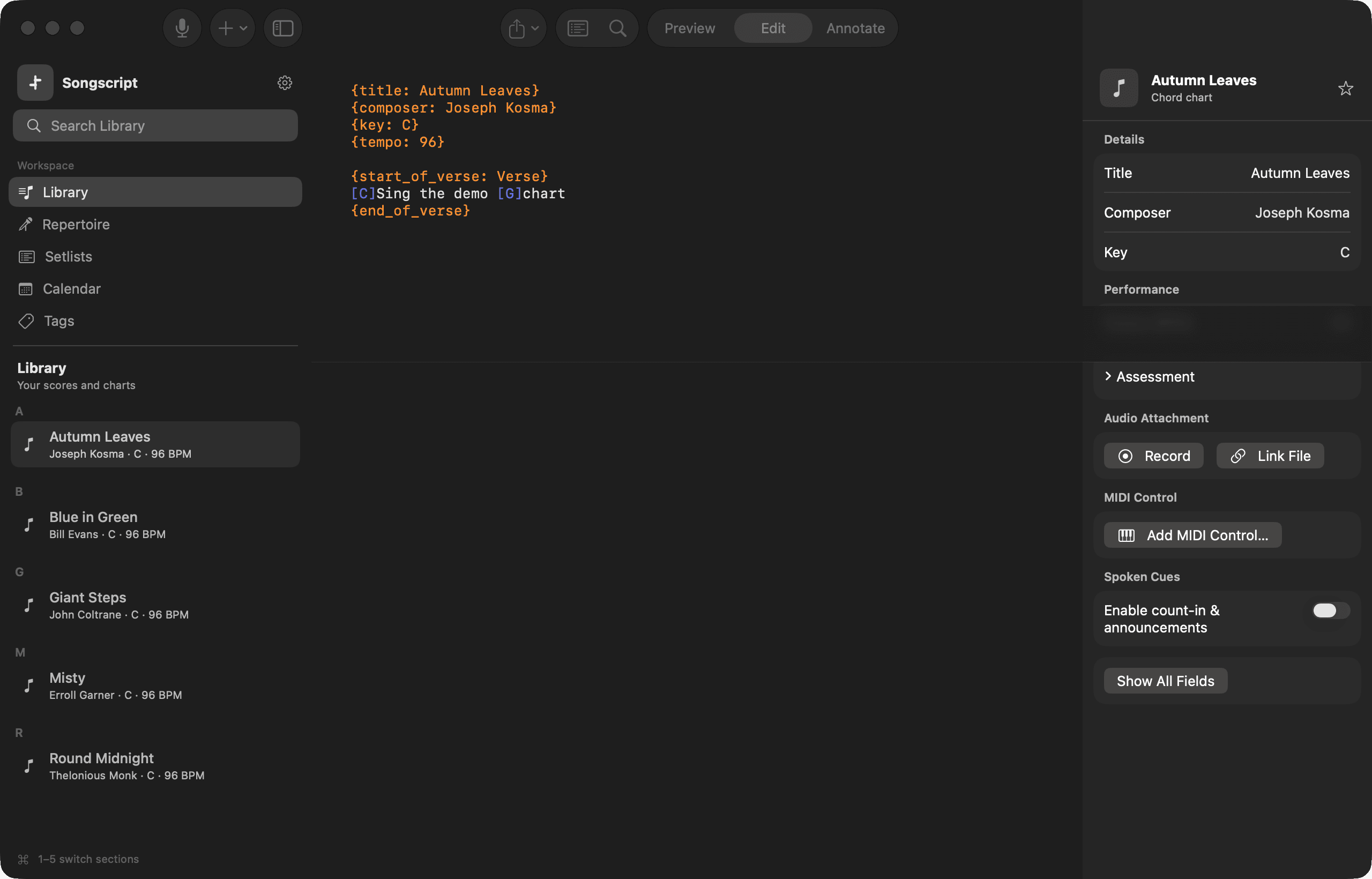 Songscript running on macOS with its lead-sheet editor open
